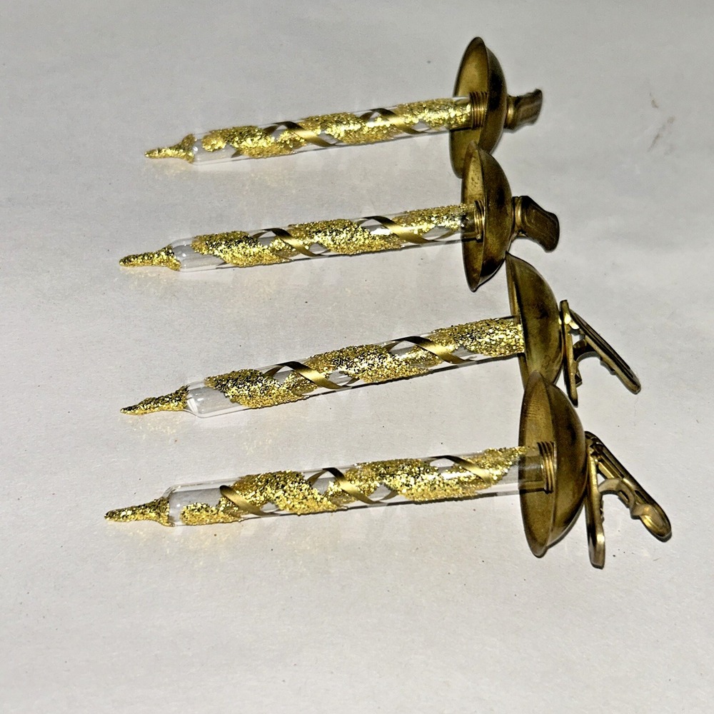 Set - 4 Hand Blown Glass Christmas Tree Candle Ornaments Gold Swirl Clipon Italy